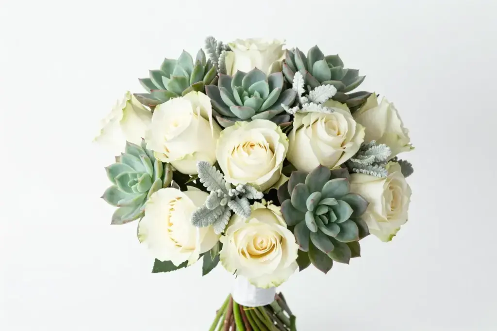 Modern bouquet white roses echeveria succulents dusty miller