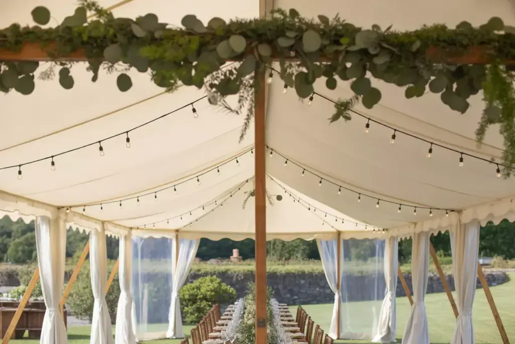 Open sided marquee with foliage and string lights on ceiling