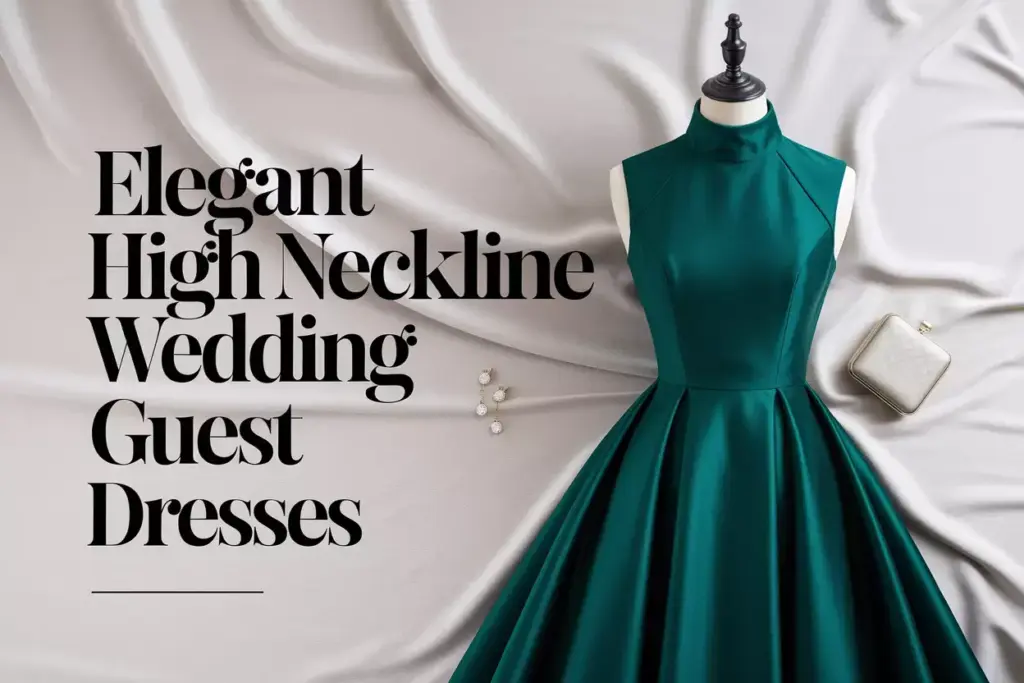 Chic emerald silk high neck wedding guest dress on neutral backdrop
