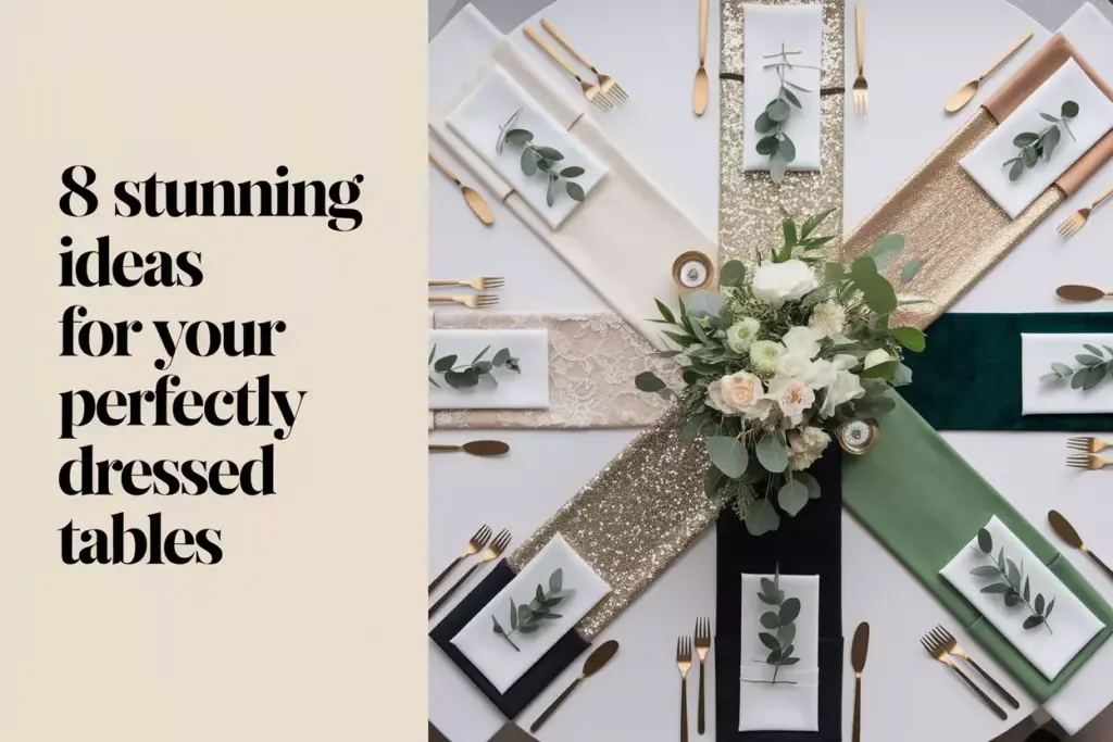 Curated styled wedding table with eight distinct runner swatch samples