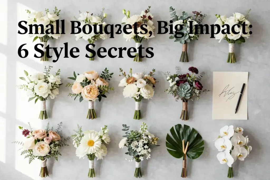 Eight miniature trendy bridal bouquets flat lay marble backdrop 2026