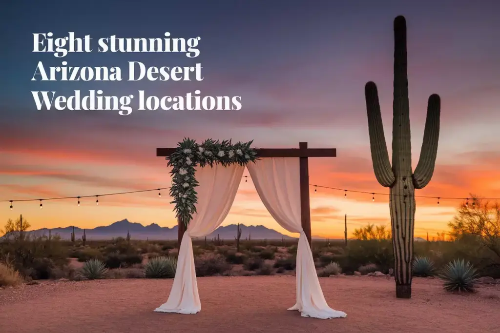 Golden hour desert wedding arch under saguaro cactus silhouette at sunset