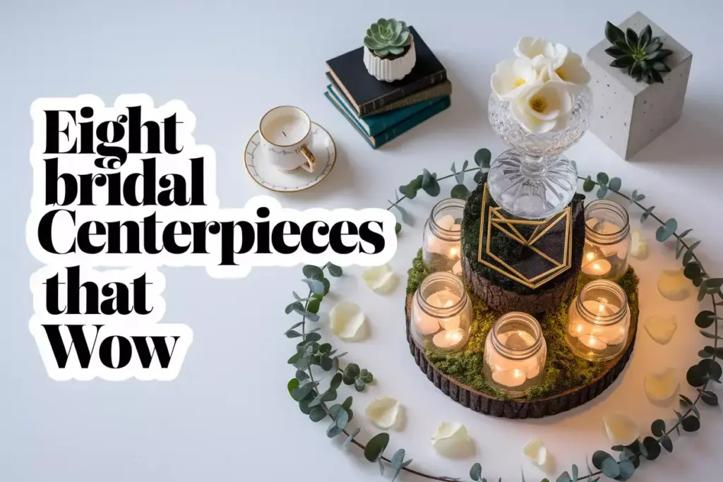 Overhead flatlay curated bridal tablescape with three tier centerpiece showcasing mason jar gold geometric and floating floral designs