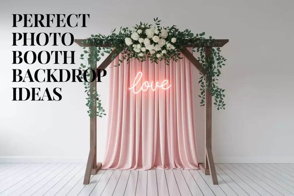 Stylish wedding photo booth with floral arch and neon sign