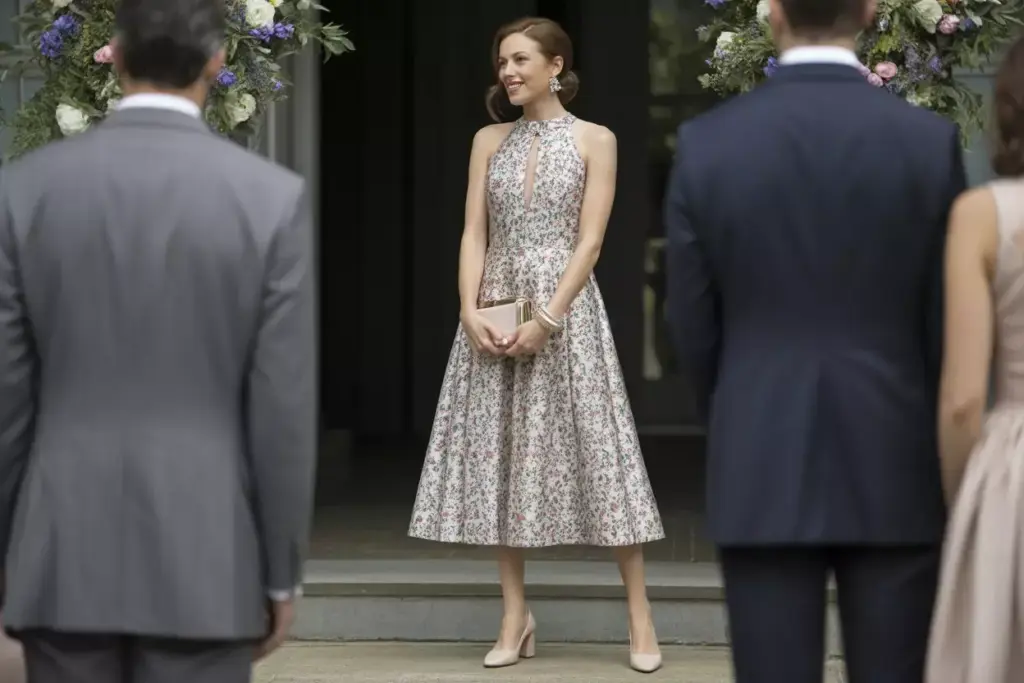 Classic midi floral dress garden wedding guest outfit