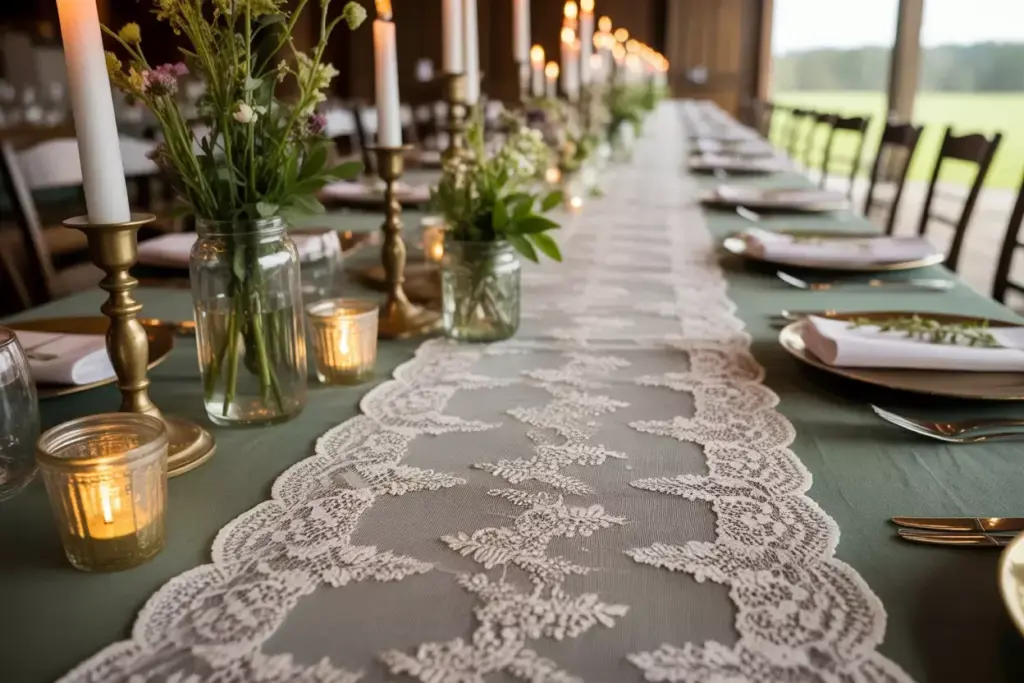 Delicate ivory lace runner with vintage brass candlesticks and wildflowers