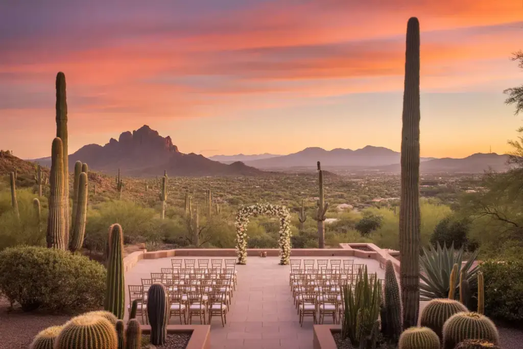 Luxury resort terrace wedding setup with mountain and saguaro cactus backdrop