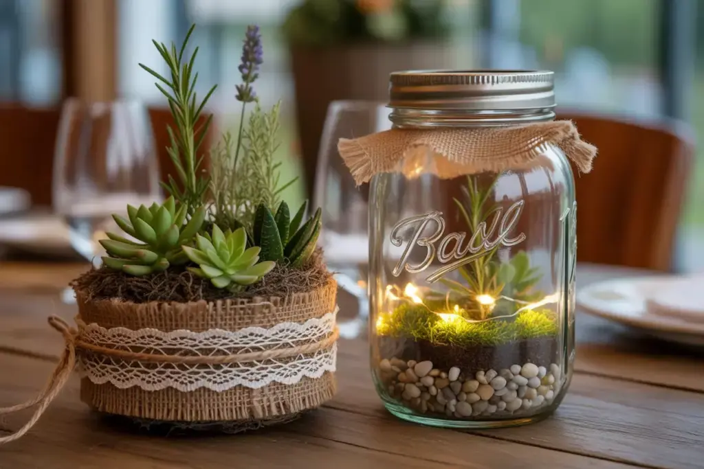 Mason jar succulent garden with fairy lights on rustic table