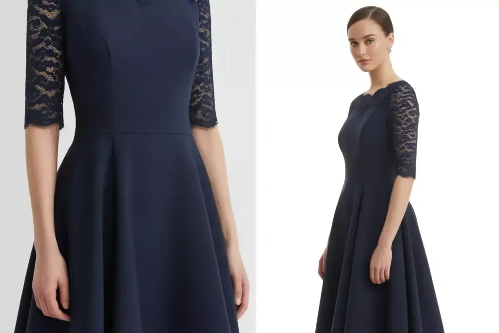 Classic navy a line dress lace sleeves studio portrait
