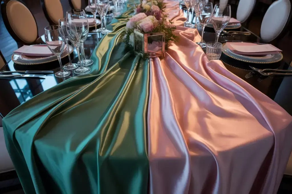 Lustrous emerald silk runner on formal table with crystal and silver
