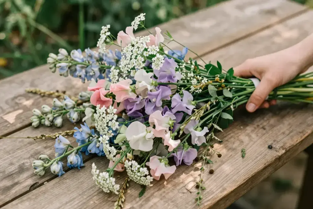 Pastel wildflower bouquet sweet peas queen annes lace delphinium garden