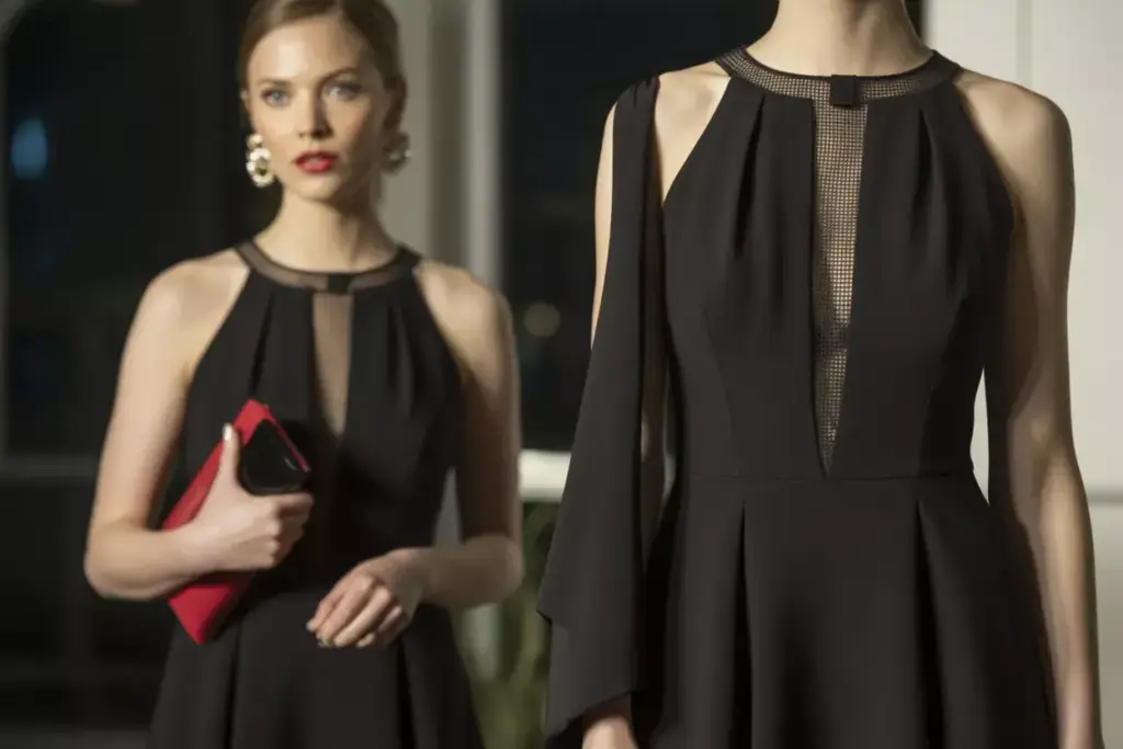 Sleek black cocktail dress geometric neckline evening wedding