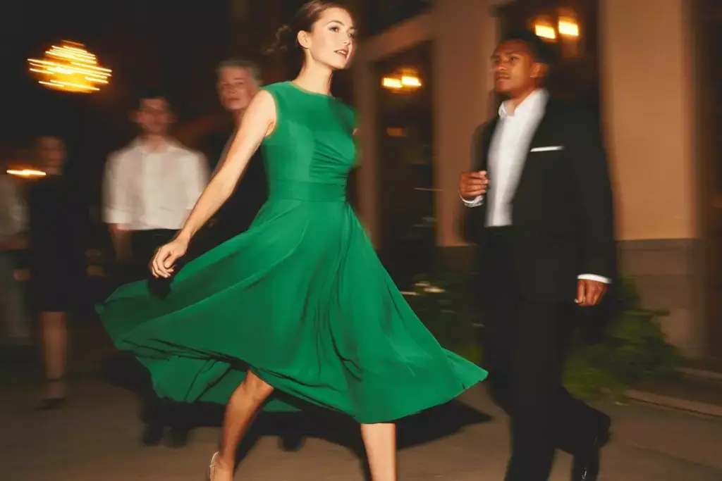 Emerald green midi dress flowing skirt evening reception