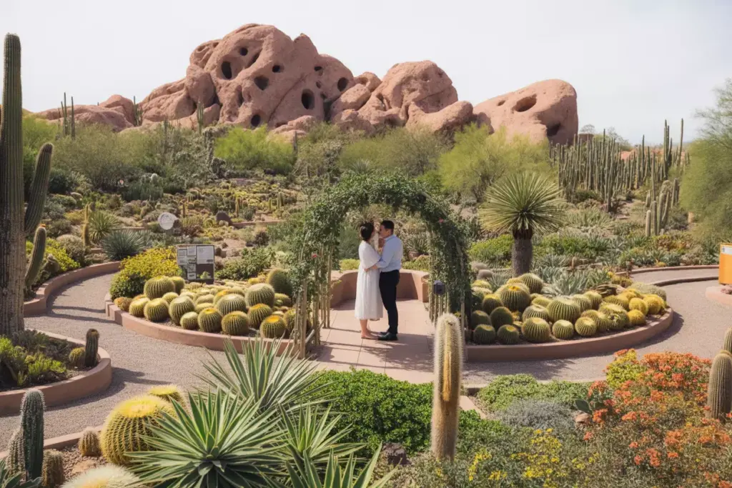 Intimate wedding among rare cacti at botanical garden with red rocks