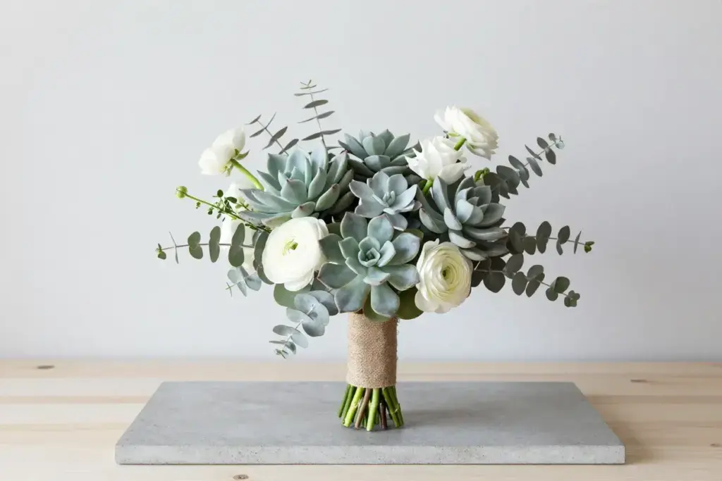 Modern bouquet echeveria succulents eucalyptus ranunculus burlap