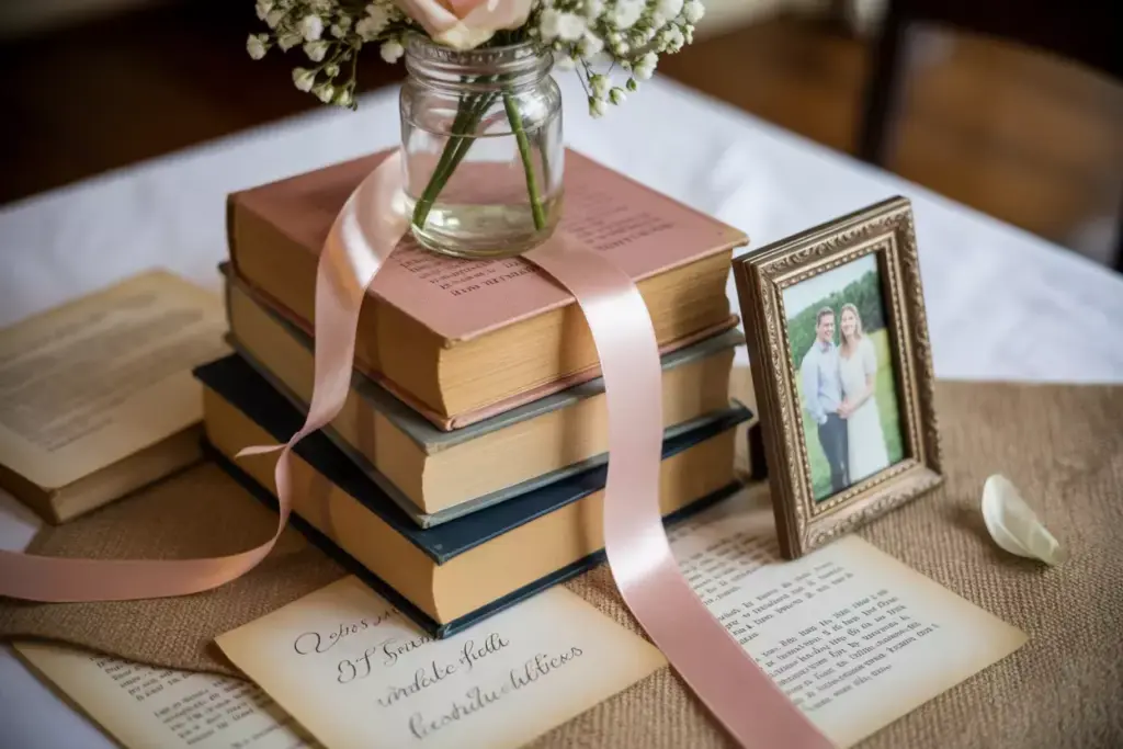 Stack of antique books with floral arrangement and photo frame