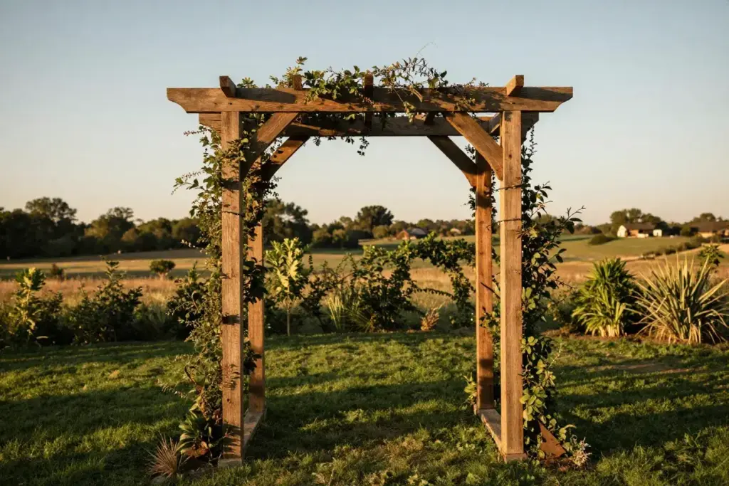 Vintage wooden arch with greenery and string lights