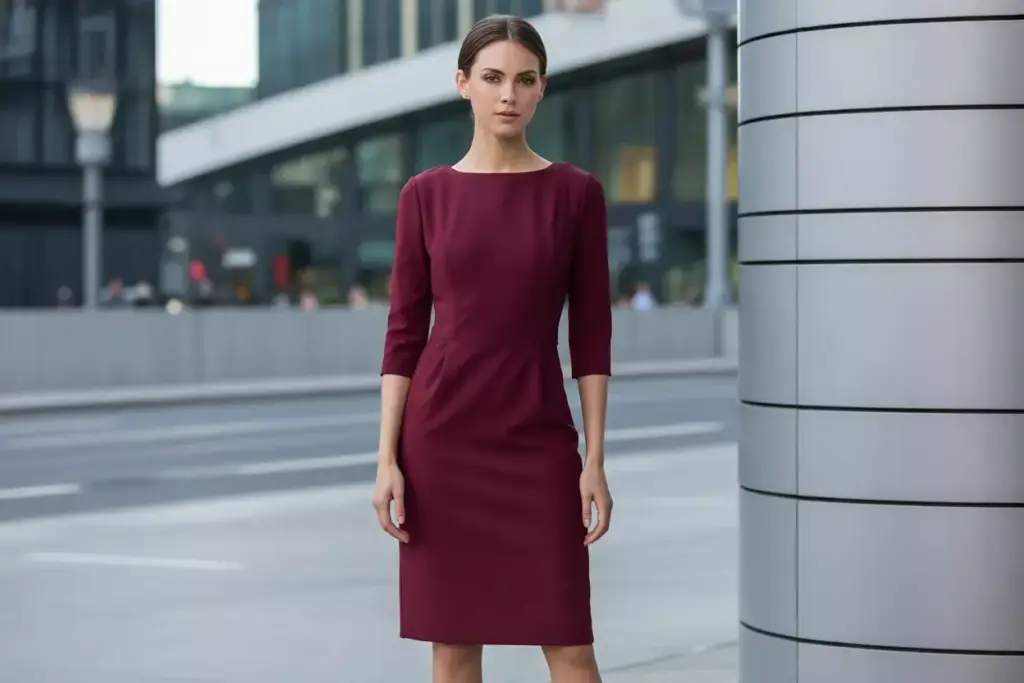 Burgundy sheath dress streamlined silhouette urban cocktail