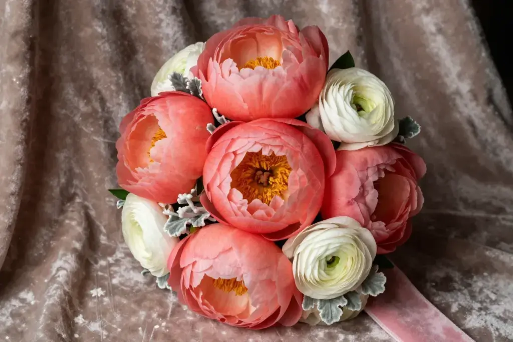 Luxury coral peony cream ranunculus posy velvet ribbon