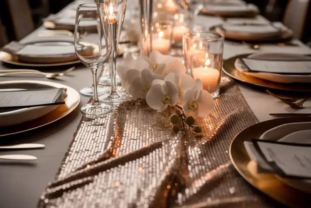 Sparkling rose gold sequined runner with candlelight and white orchids