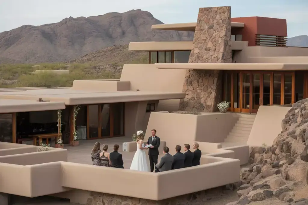 Wedding on terrace with frank lloyd wright architecture and mountain views