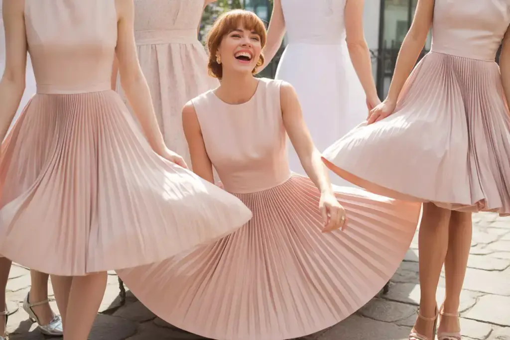 Blush pink tea length dress pleated skirt spring wedding