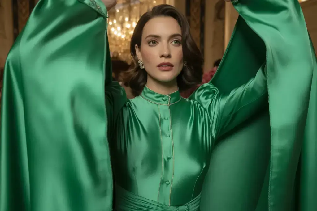 Emerald green silk high neck dress fall wedding guest