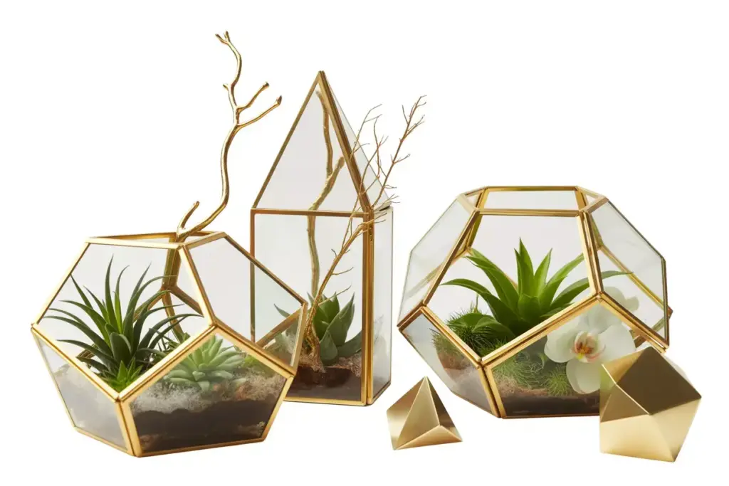 Geometric glass terrariums with gold branches and air plants