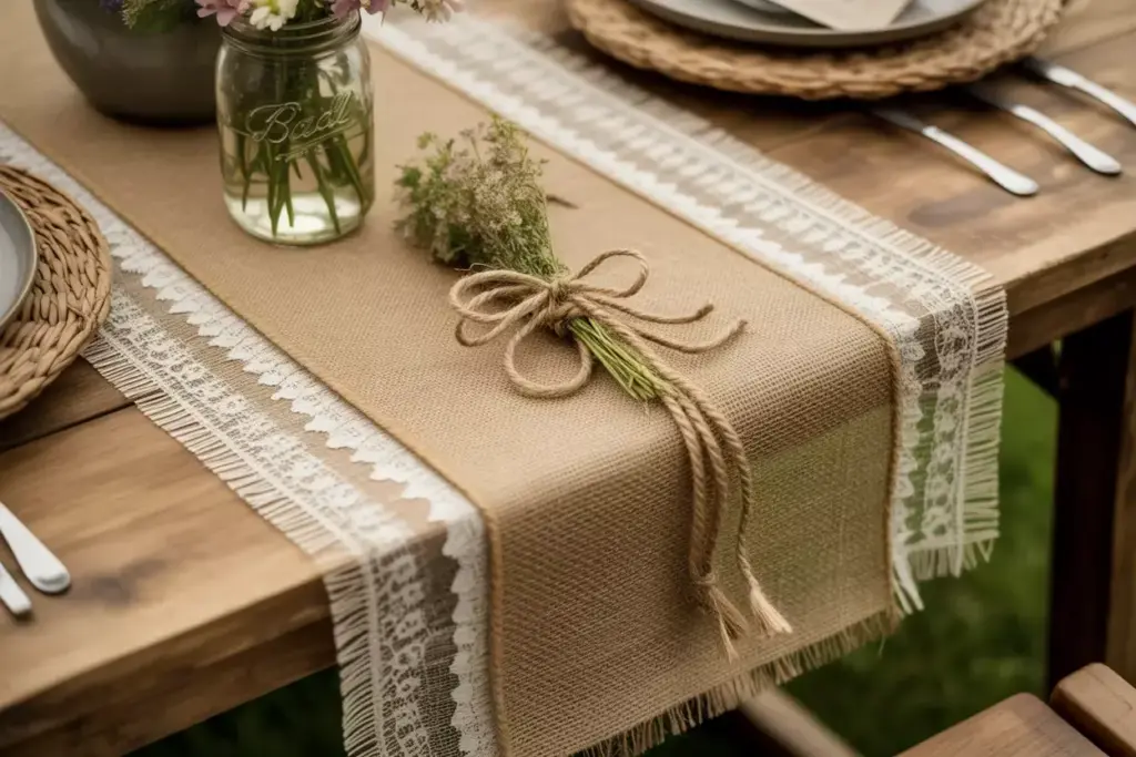 Natural burlap runner with vintage lace trim and mason jar centerpiece