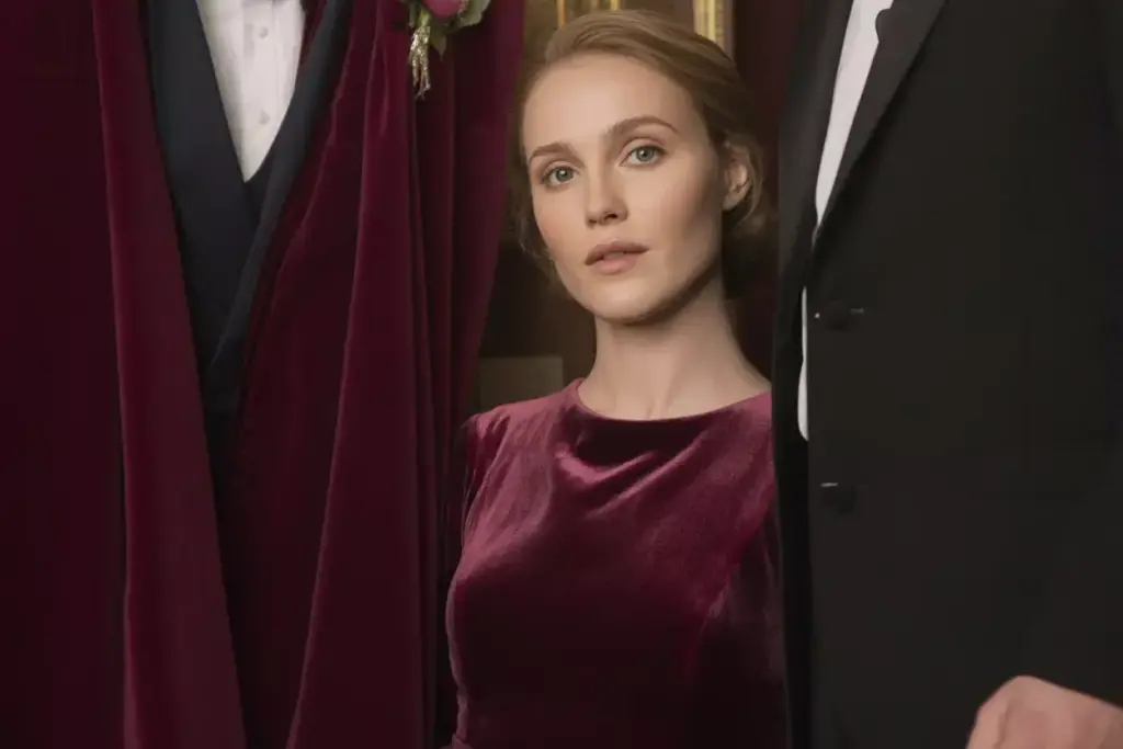 Burgundy velvet high neck dress winter wedding guest