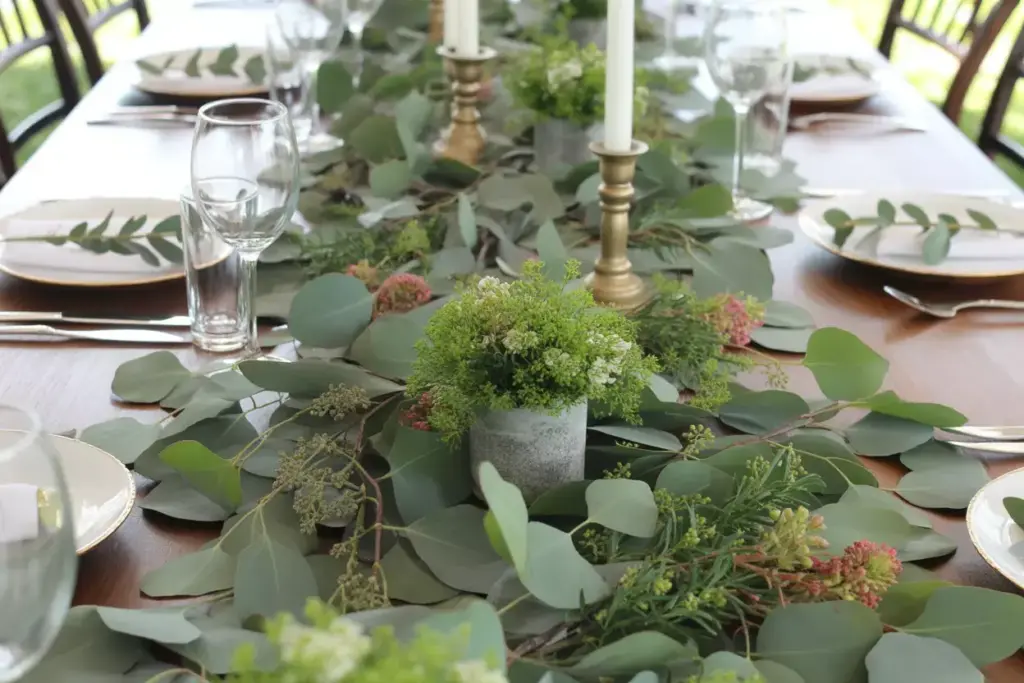 Fresh eucalyptus garland and floral living runner on wedding table