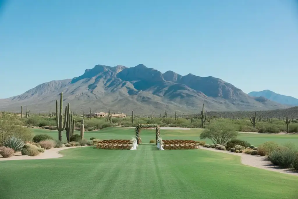 Large wedding on desert lawn with panoramic tortolita mountain views