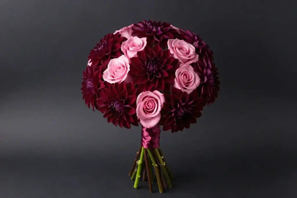 Monochromatic burgundy dahlia statement bouquet minimalist studio