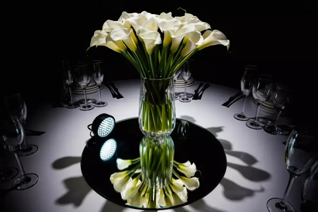 Tall calla lilies in crystal vase on lit mirror base