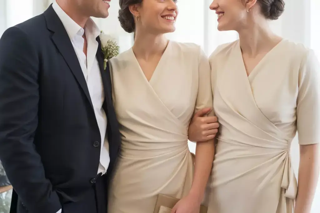 Cream wrap high neck dress adjustable fit wedding guest