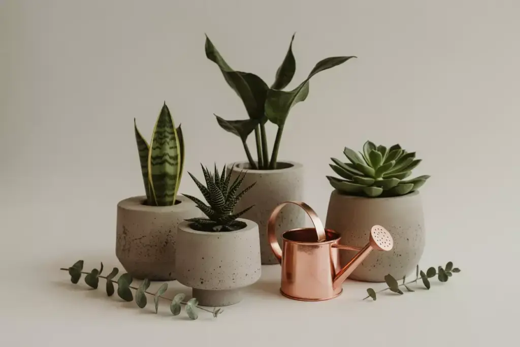 Group of concrete planters with snake plant and copper accent