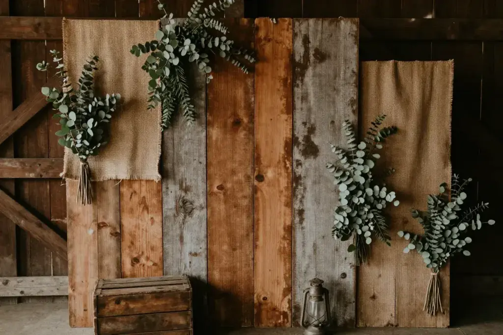 Reclaimed wood backdrop with greenery and burlap accents