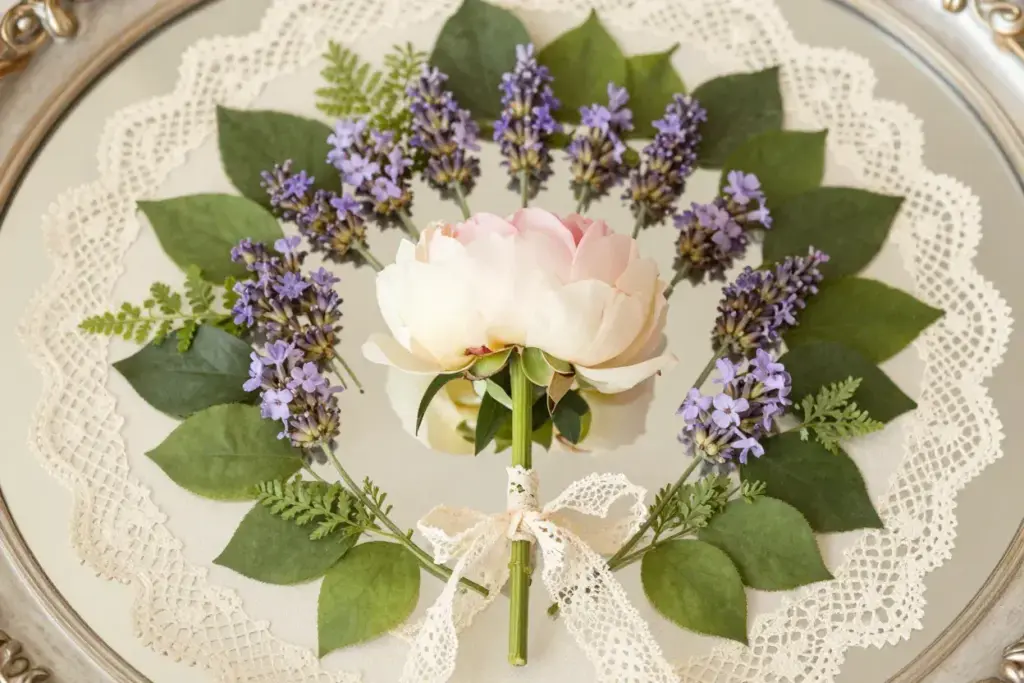 Victorian nosegay peony center lavender ring lace ribbon