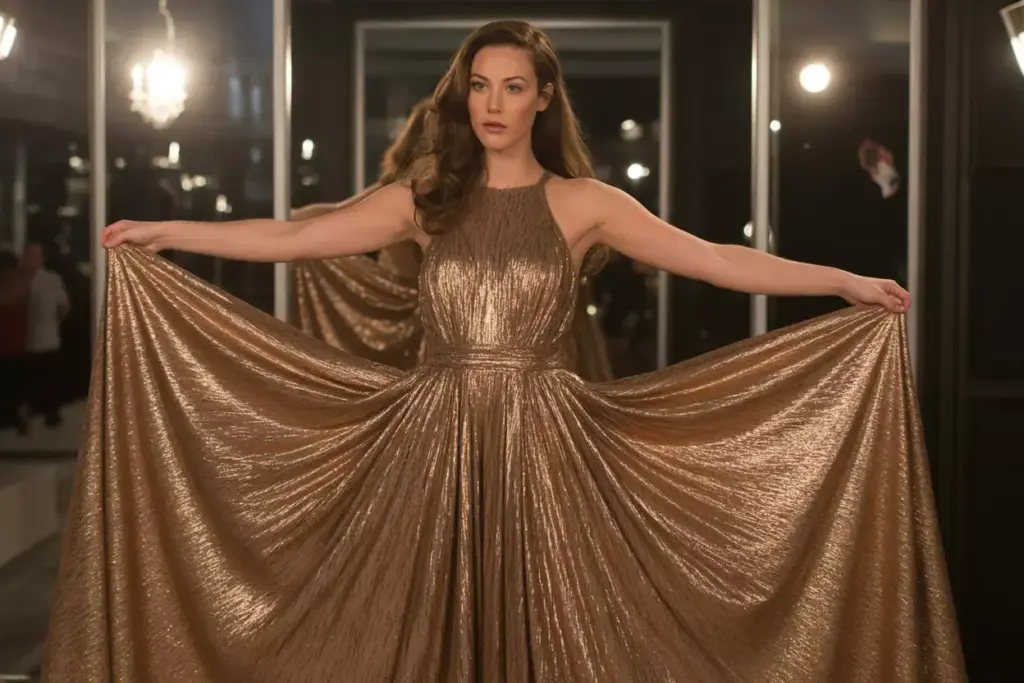 Metallic bronze high neck evening gown black tie wedding