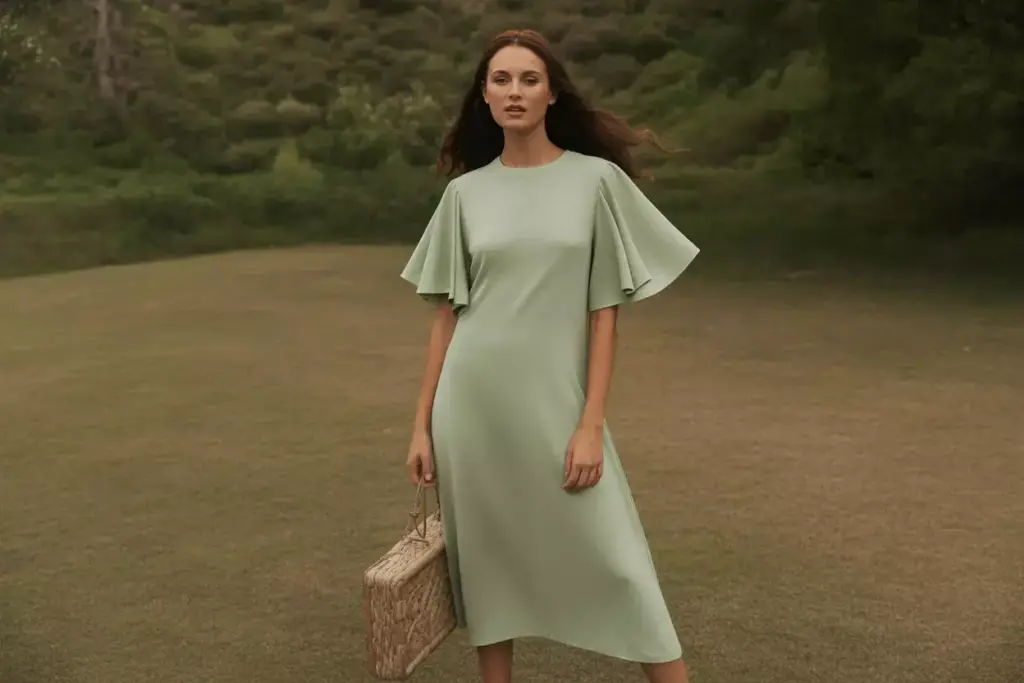 Sage green midi dress flutter sleeves boho wedding setting