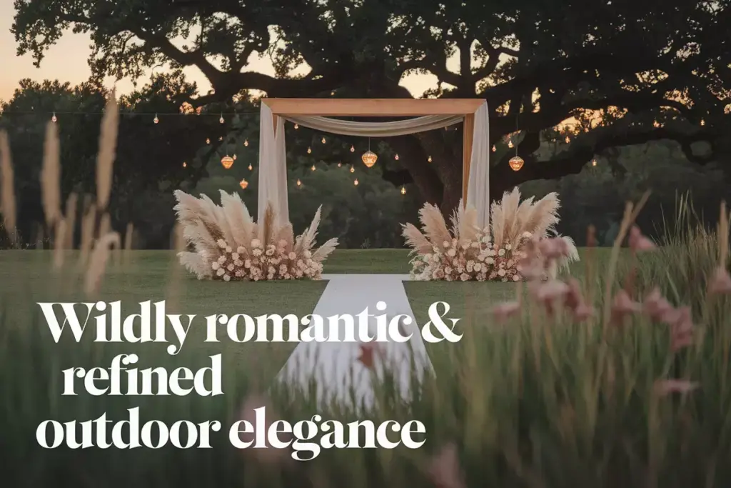 Chic meadow wedding ceremony with sculptural florals and floating lights at golden hour