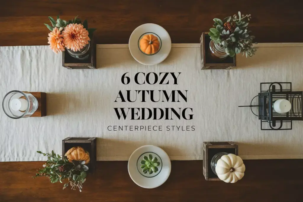 Curated flatlay showcasing six autumn wedding centerpiece design styles