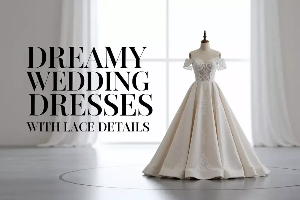 Modern bridal mannequin showcasing intricate lace off shoulder gown