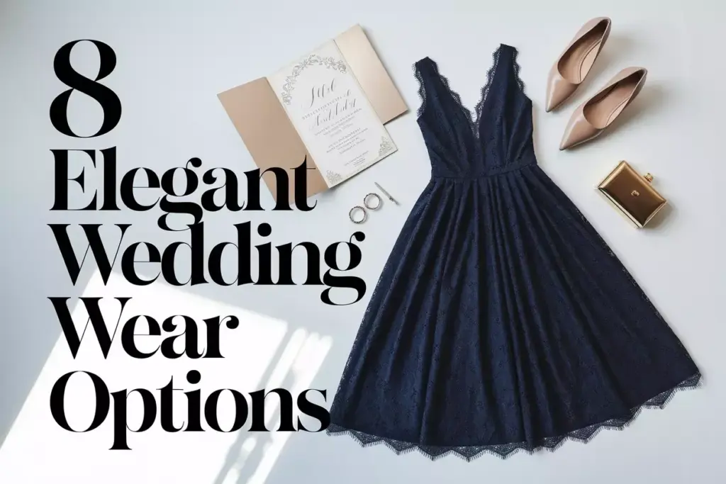 Sophisticated navy lace dress with accessories and invitation flat lay