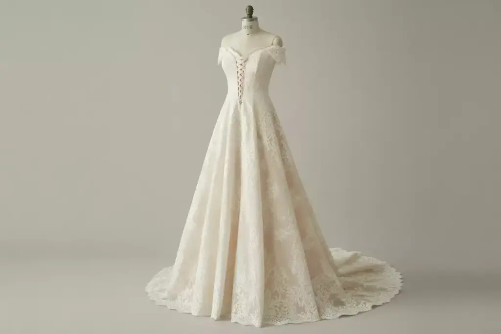Classic chantilly lace a line wedding dress with scalloped edges and chapel train