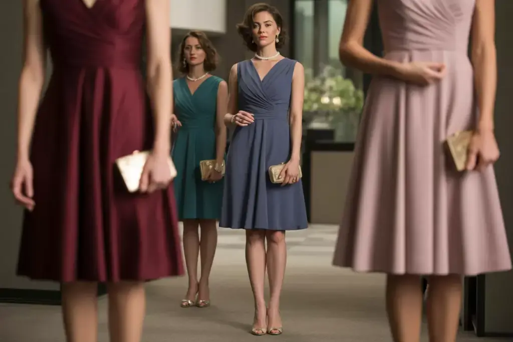 Elegant woman in jewel tone knee length cocktail dress with pumps