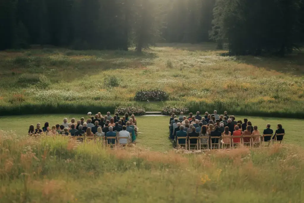 Meadowcore wedding ceremony seating curved around wildflowers morning light