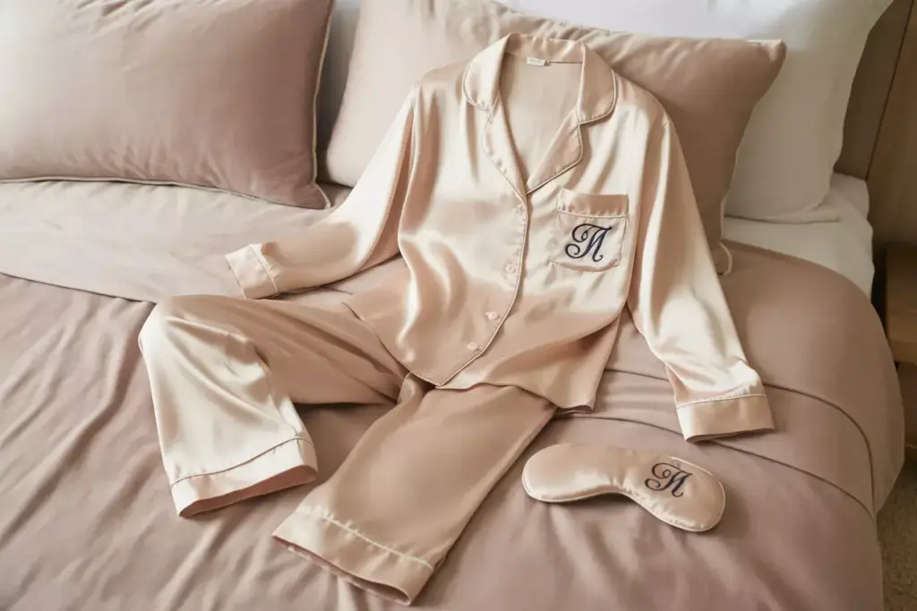 Monogrammed champagne silk pajama set with eye mask flat lay
