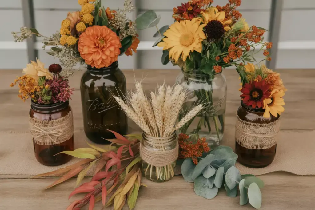 Rustic mason jars with seasonal flowers and foliage grouped on wood table