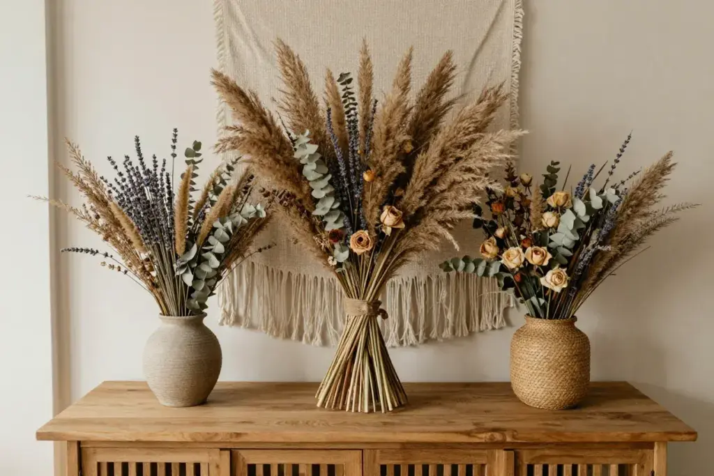 Boho dried flower bouquet pampas lavender rustic home decor